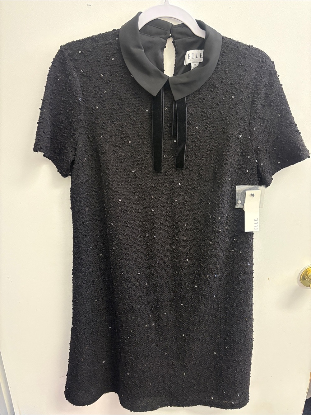 Elle Black Sequin Short Sleeve Shift Dress with Velvet Tie Collar
